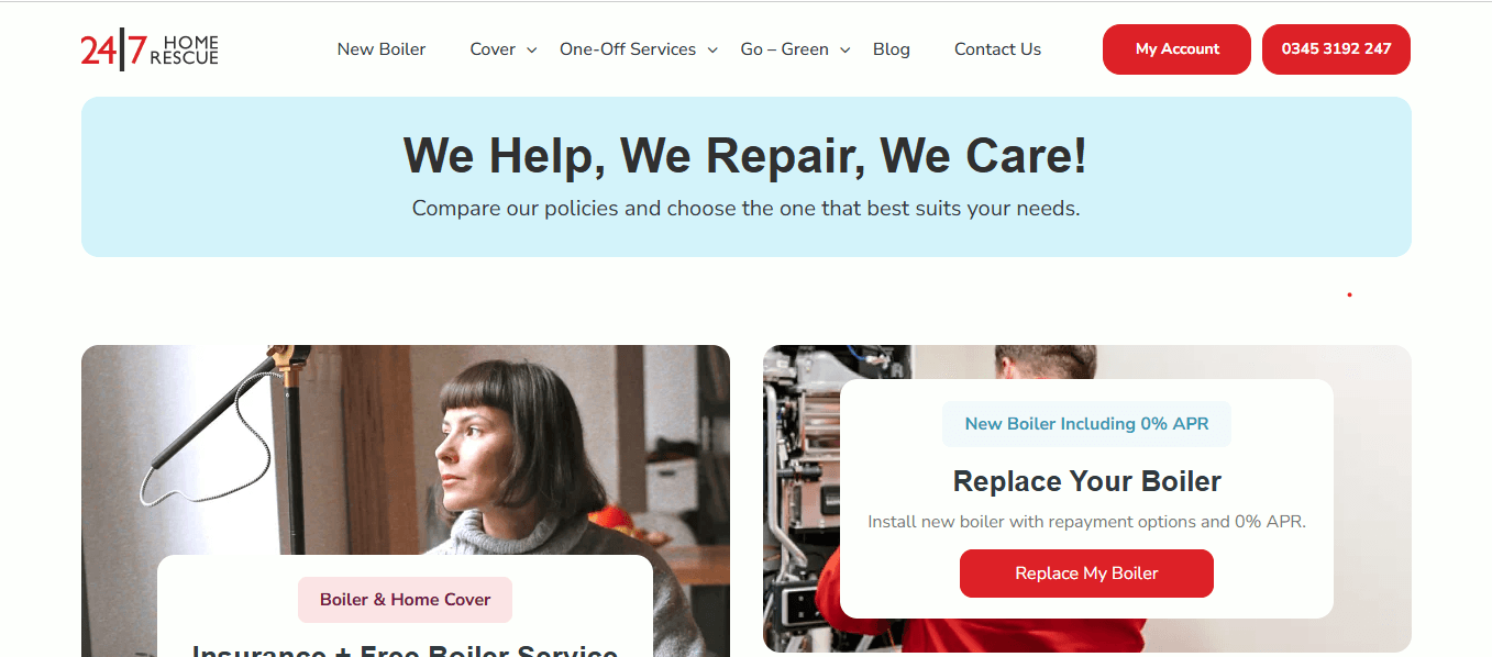 Mohsin Imran - Full Stack Laravel and Next.js Developer case study screenshot for 247 Home Rescue - UK Home Services Website